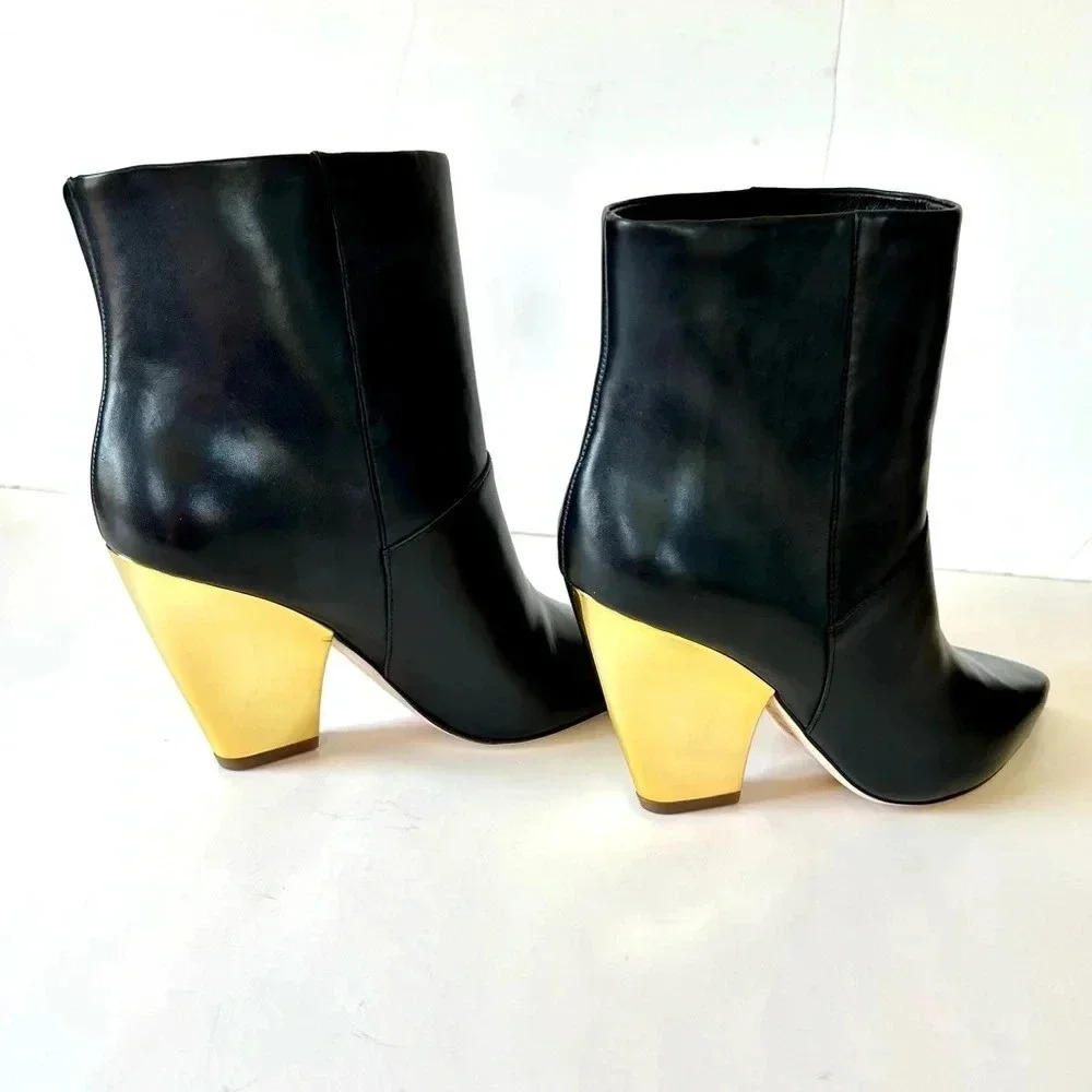 Tory Burch Lila Mirrored Gold Heel Black Leather Ankle Bootie 7.5 Fits 7 - Picture 3 of 11